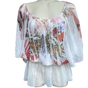 Vtg Y2K Joyce Leslie Watercolor Butterfly Batwing Tunic Blouse Off Shoulder Sz L